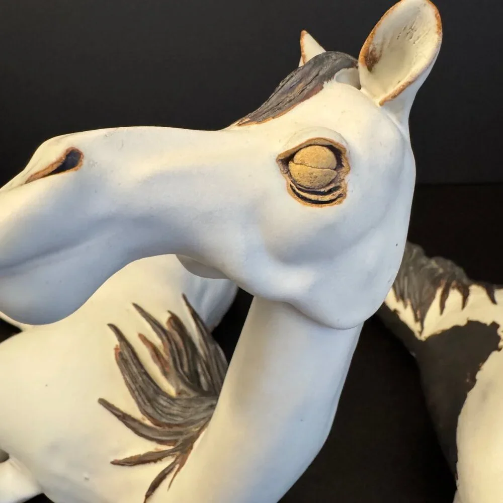 Handcrafted Ceramic Horse Figurines Set Of 2 Stamped Bier 2003 Painted White & G - Picture 6 of 16